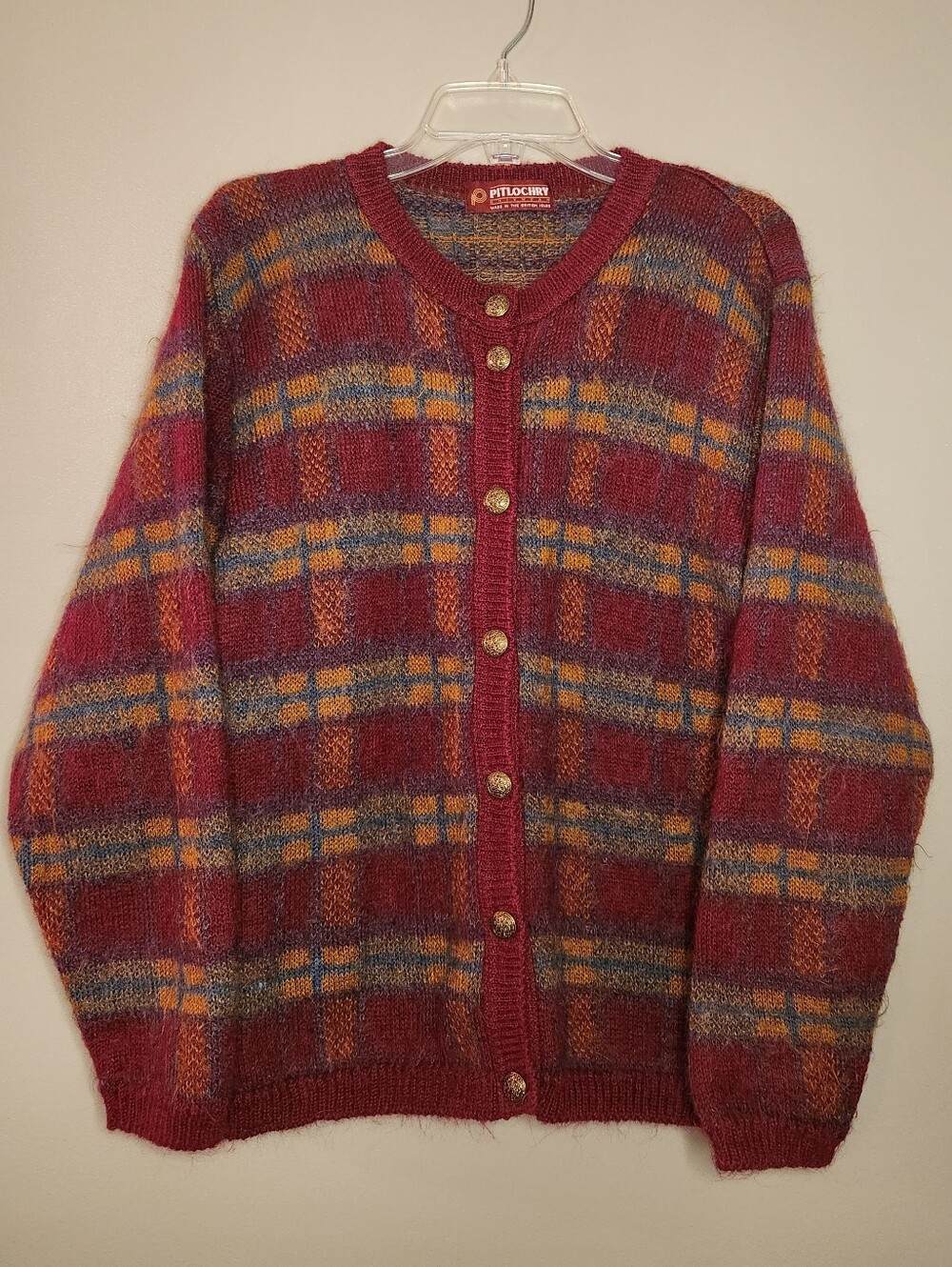Vintage Pitlochry Women's Burgundy Plaid Button-Up Sweater Size Large
